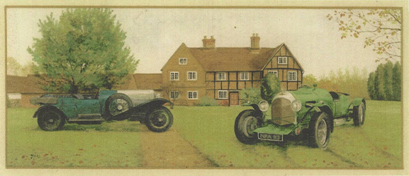 two vintage cars parked on a green lawn near a house surrounded by trees showcasing classic automobile design and beauty in a tranquil setting